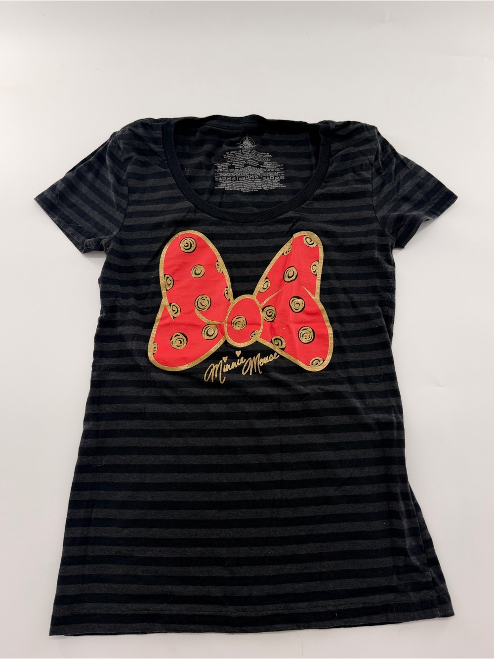 Disney Parks Minnie Mouse Striped Bow T Shirt Short Sleeve Black Grey Red XS